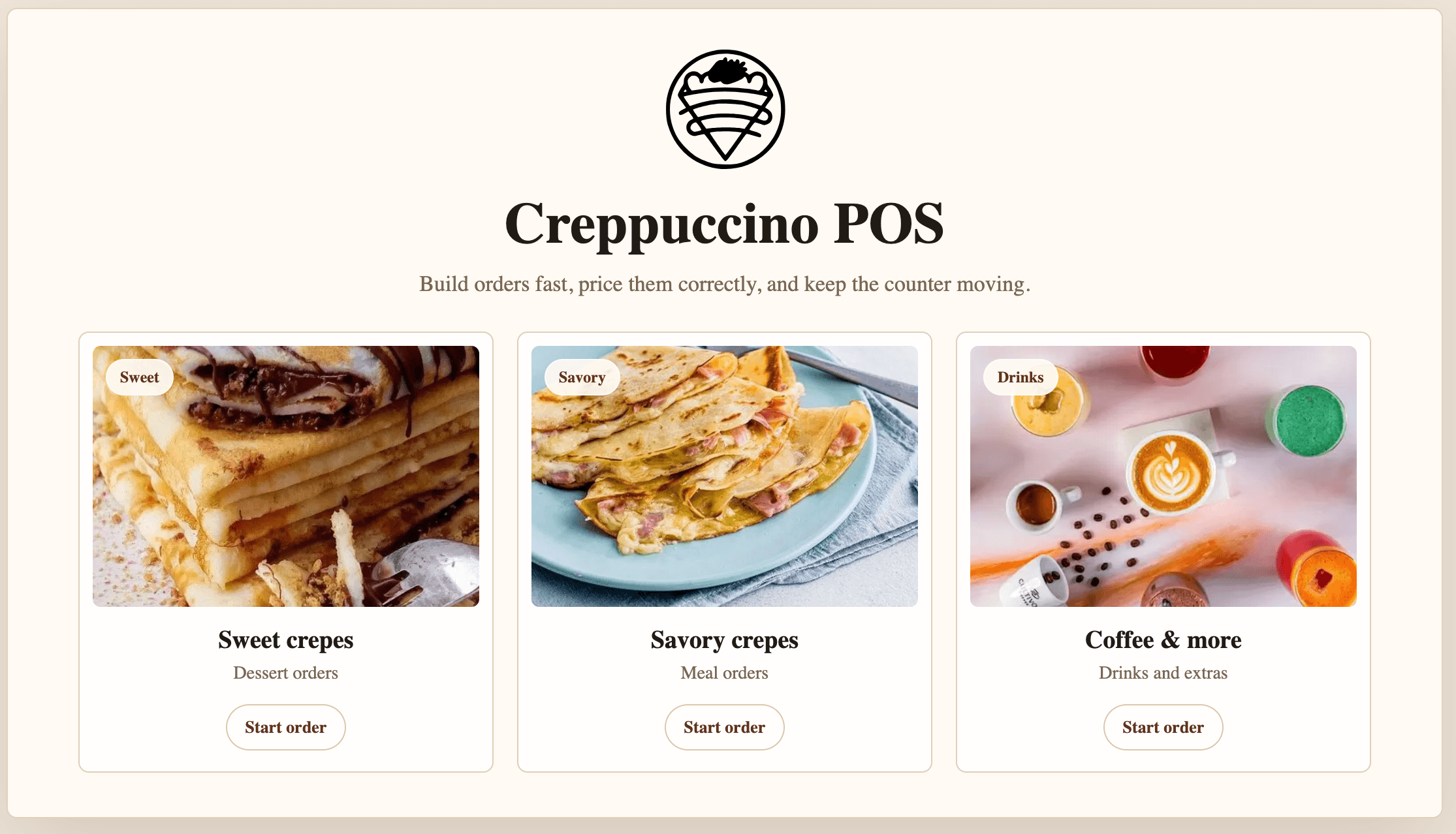 Creppuccino POS ordering categories screen
